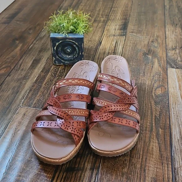 Cali‎ From Skechers Women's Tan Leather Braided Cork Wedge Heel Sandals. - Picture 8 of 12